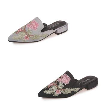 【JP Queen New York】古風花朵刺繡女士尖頭低跟穆勒鞋(2色可選)