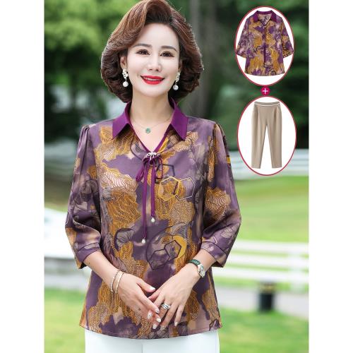 中年媽媽夏裝雪紡小衫2025新款中老年女夏季中袖上衣t恤兩件套裝