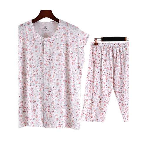 中老年人開衫背心女外穿純棉無袖夏季薄款全棉媽媽系扣汗衫七分褲