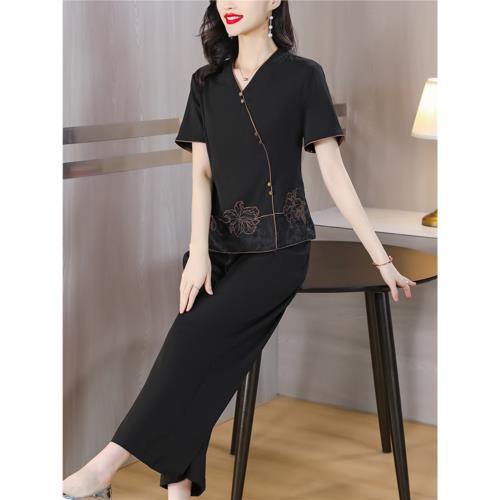 真絲套裝女時尚夏季中老年媽媽裝黑色上衣襯衫闊腿褲桑蠶絲兩件套