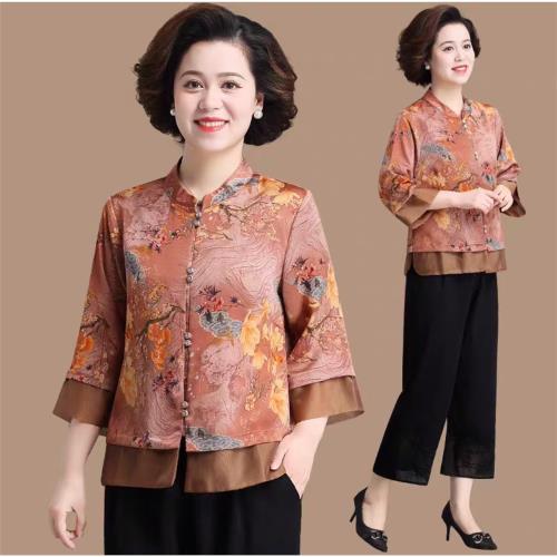 媽媽香云紗中式上衣服洋氣高貴中老年人夏裝女中國風小衫兩件套裝