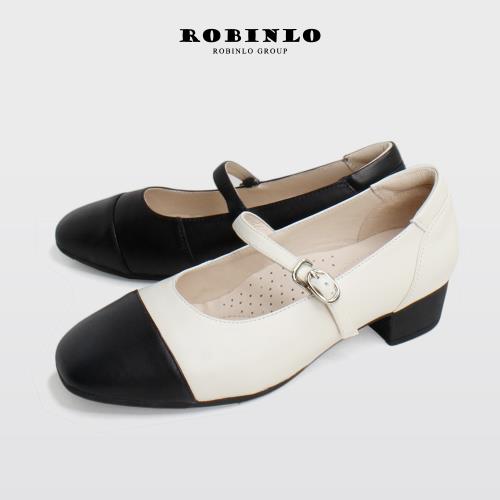 Robinlo羊皮低跟溫柔小香風拼色瑪莉珍鞋MAEGAN-法式黑/奶油白