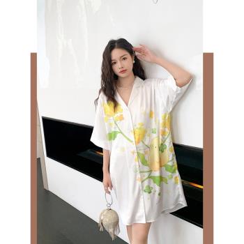 2024年網紅爆款睡裙女新款夏季冰絲薄款卡通白襯衫中長款夏天睡衣