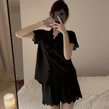 日本GP夏天睡衣女夏款高級感冰絲純欲風綢黑色短袖兩件套裝家居服