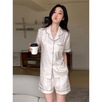 冰絲睡衣女夏季斑馬紋寬松短袖短褲家居服奢華虎紋絲綢薄款套裝新