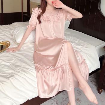 睡衣女短袖夏季冰絲性感法式連衣裙高級感絲綢粉色甜美睡裙家居服