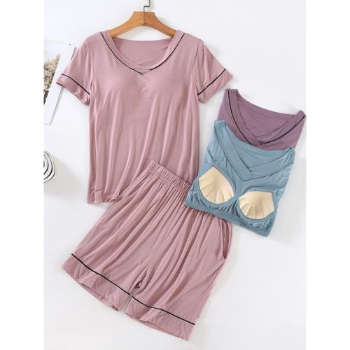 女士帶胸墊睡衣家居服莫代爾薄款短袖短褲套裝可外穿冰絲家居服夏