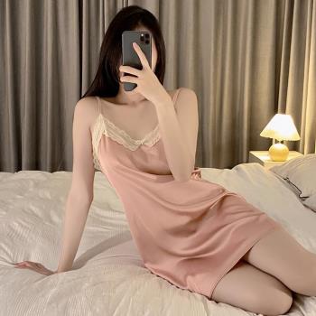 性感睡衣女2023年夏季新款冰絲吊帶裙蕾絲花邊絲綢露背大碼家居服