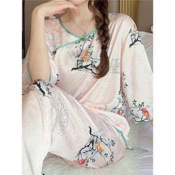 中國風復古無領睡衣女款夏季旗袍冰絲短袖長褲套裝薄款甜美家居服