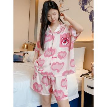 睡衣女夏季韓版甜美ins風輕薄冰絲短袖網紅熊學生絲綢家居服套裝