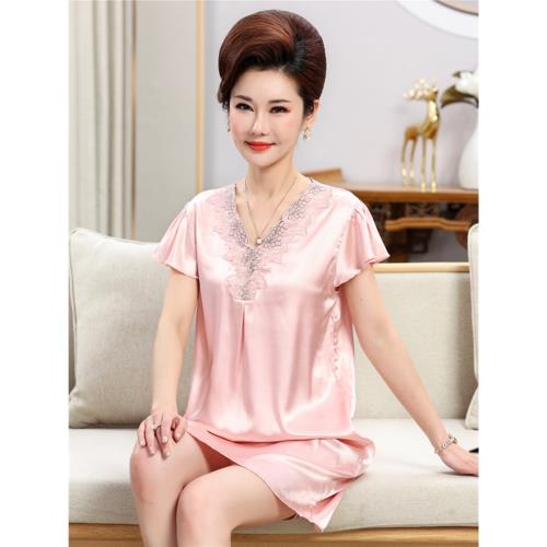 中年睡裙女夏季冰絲薄款媽媽短袖中裙絲綢蕾絲家居服大碼夏天睡衣