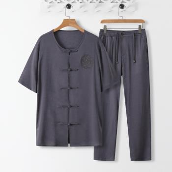 夏季亞麻短袖兩件套男中老年父親棉麻開衫t恤爸爸中國風盤扣套裝