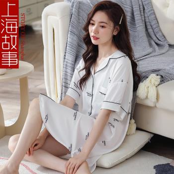 上海故事睡衣女款夏季2023新款睡裙短袖冰絲女士高級感大碼家居服