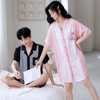 韓系情侶睡衣女冰絲夏季2023年新款短袖男士網紅風春秋家居服套裝
