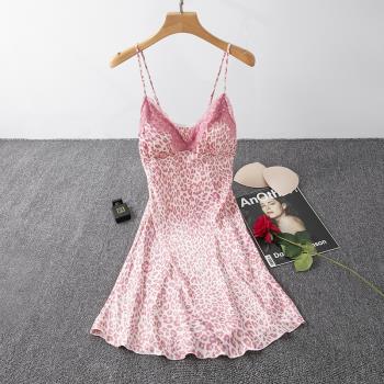 夏季女睡裙粉色豹紋冰絲薄款吊帶性感可愛睡衣裙純欲可外穿家居服