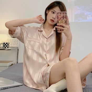冰絲睡衣女款夏季短袖休閑2023年新款可外穿條紋高階感家居服套裝