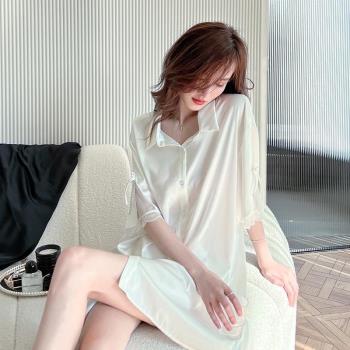 日本GP冰絲性感睡裙女夏季薄款雪紡白襯衫睡衣高級感可外穿家居服