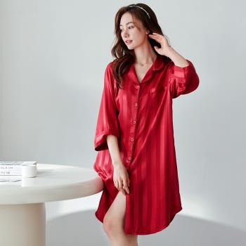 本命紅色條紋襯衫睡衣女夏季冰絲七分袖寬松大碼性感BF男友風睡裙