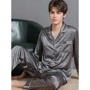 春秋高階品牌冰絲男款長袖長褲睡衣夏季薄款真絲綢男士家居服套裝