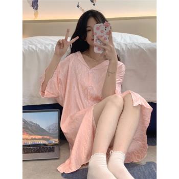 睡衣女夏季短袖冰絲薄款網紅可愛粉色高級感開衫長款睡裙2023新款