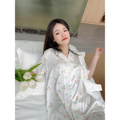 冰絲睡衣女2025年新款荷葉邊碎花夏季短袖薄款仿真絲綢家居服套裝