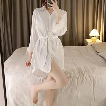 性感睡衣夏天男友風襯衫誘惑冰絲純欲薄款睡裙女夏款絲綢白色睡袍