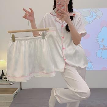 睡衣三件套女夏季冰絲短袖日系可愛卡通凱蒂貓女生夏天家居服套裝