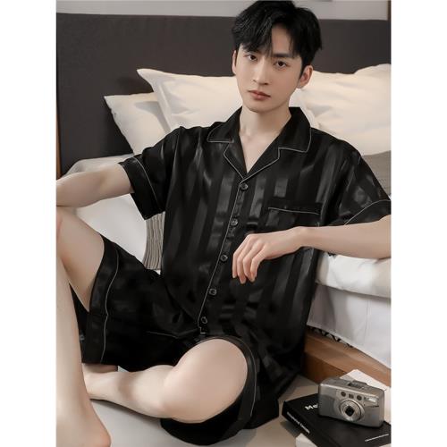 睡衣男款夏季薄款涼感冰絲綢高檔黑色條紋短袖大碼青年家居服套裝