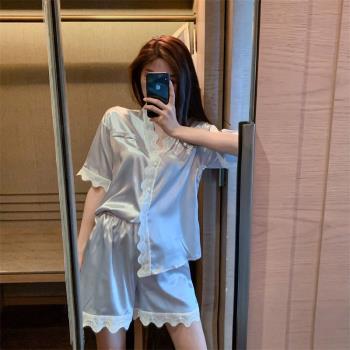睡衣女夏季薄款冰絲短袖可愛兩件套裝蕾絲花邊性感韓版夏天家居服