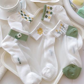 綠色花朵襪子女夏季玻璃絲純棉底船襪冰絲網眼超薄款透氣水晶短襪