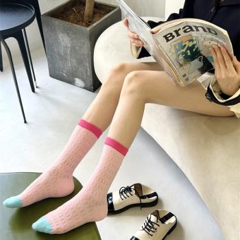 超薄鏤空水晶絲冰絲蕾絲襪子socks堆堆襪馬卡龍粉色夏季透明長襪