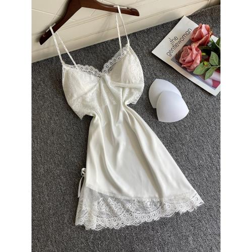 性感睡衣女夏薄冰絲綢帶胸墊高級感蕾絲高開叉成人誘惑吊帶睡裙短