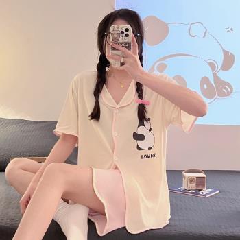 睡衣女夏季短袖冰絲套裝網紅可愛卡通熊貓加大碼涼感絲綢家居服薄