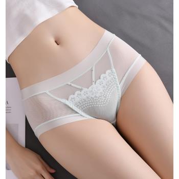 韓版新款薄款蕾絲性感冰絲無痕透明網紗夏季透氣低腰純棉女士內褲