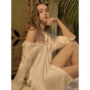 襯衫睡衣女男友風白色冰絲性感睡裙2024年新款夏季夏款純欲風法式