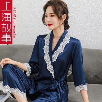 上海故事睡衣女士長袖長褲薄款夏季睡袍2023年新款冰絲套裝家居服