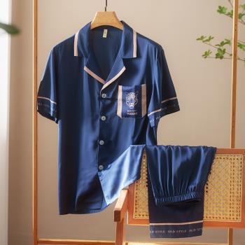 夏季睡衣男短袖冰絲長褲模擬絲涼感可外穿高階感家居服套裝寬松
