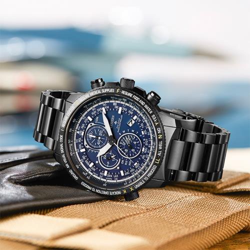 【CITIZEN】星辰 光動能 Eco-Drive Promaster 鈦金屬 電波萬年曆 三眼計時男錶 AT8195-85L 黑/藍 44.3mm