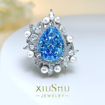 復古貝母珍珠海藍寶戒指女小眾設計輕奢宮廷高碳鉆925銀水滴梨形