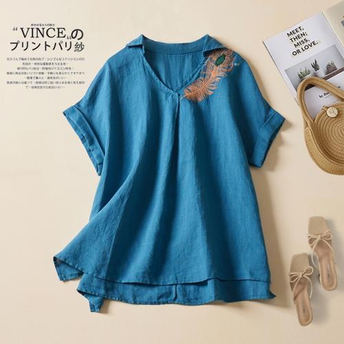 胖mm羽毛刺繡襯衫V領寬松文藝