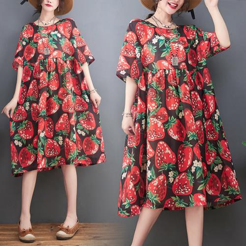 2024夏季新款苧麻印花氣質娃娃裙中長款寬松大碼減齡遮肚連衣裙女