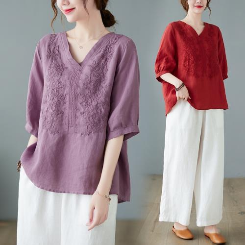 2024夏季新款棉麻五分袖襯衫女V領套頭苧麻刺繡小衫寬松洋氣上衣
