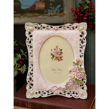 粉色玫瑰扎花仿珍珠系列溫馨相框邊桌擺件擺臺家居畫框