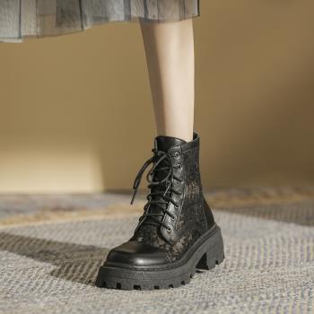 海倫館2023年新款馬丁靴女夏季薄款短靴網紗透氣黑色靴子鏤空女靴