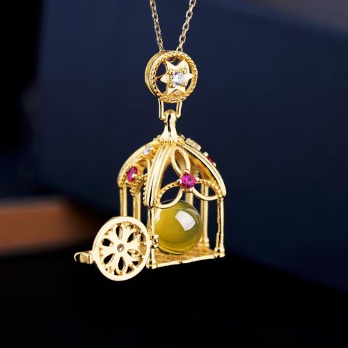 S925銀吊墜空托鳥籠裝方塊項墜銀托玉石蜜蠟珍珠圓珠子銀飾配件女