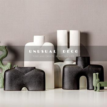 侘寂風現代黑白陶瓷幾何抽象花器擺件客廳臥室床頭柜樣板間擺件