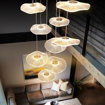 北歐簡約現代輕奢別墅客廳復式樓梯大吊燈loft中挑空客廳餐廳燈具