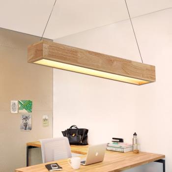 現代實木餐廳長條吊燈led辦公室燈北歐風格簡約創意吧臺原木質燈