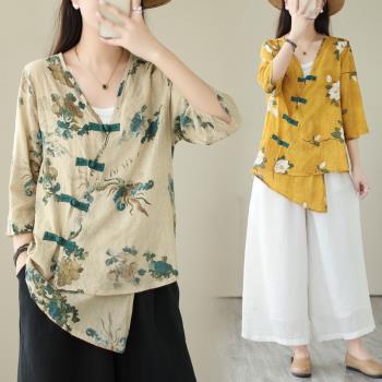 復古斜襟盤扣棉麻襯衫女夏季2024新款寬松大碼顯瘦V領不規則上衣