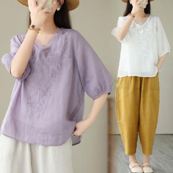 夏季純色苧麻刺繡v領五分袖襯衣女復古文藝寬松休閑氣質顯瘦小衫